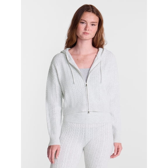 No Boundaries Cable Knit Zip Up Sweater with Hood, Women's XXS-XXL
