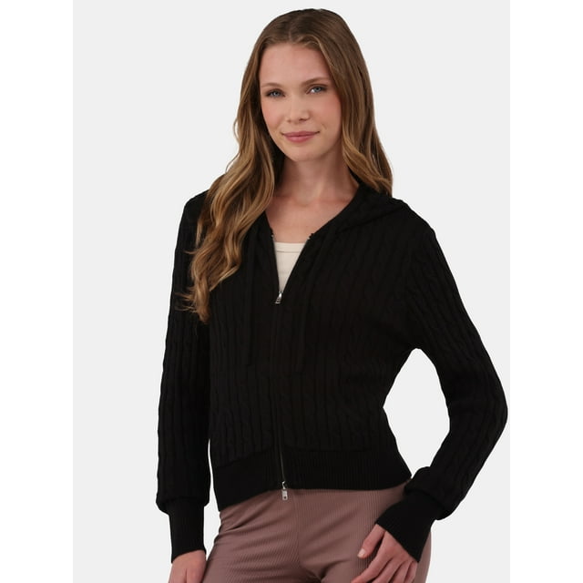 No Boundaries Cable Zip-up Hooded Cardigan, Midweight, Women's and Women’s Plus Sizes XXS - 2XL