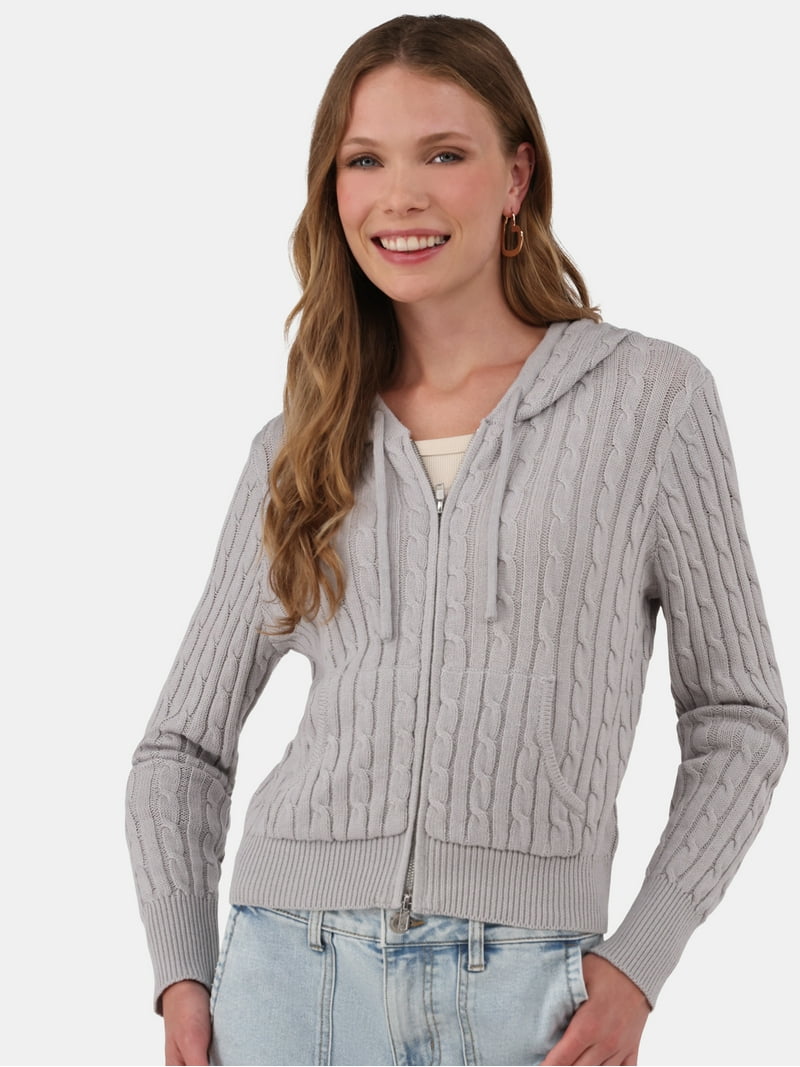 No Boundaries Cable Zip-Up Hooded Cardigan, Midweight, Women's