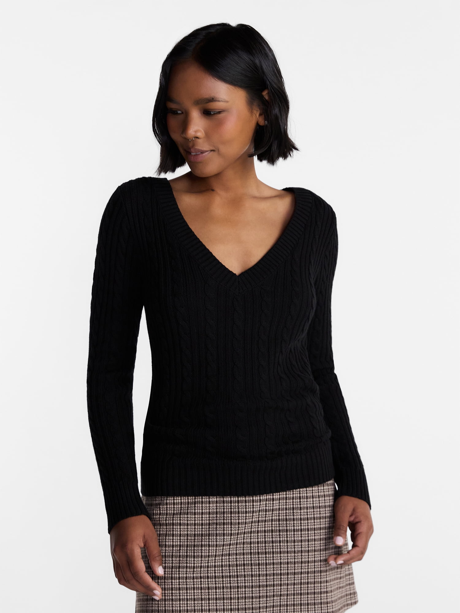 No Boundaries V Neck Cable Sweater, Women's and Women's Plus XXS-4X