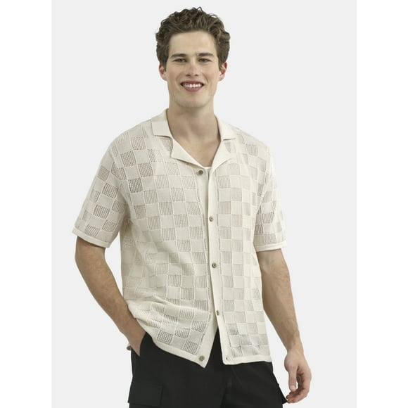 No Boundaries Checkered Mesh Stitch Button Front Sweater, Men's and Big Men's