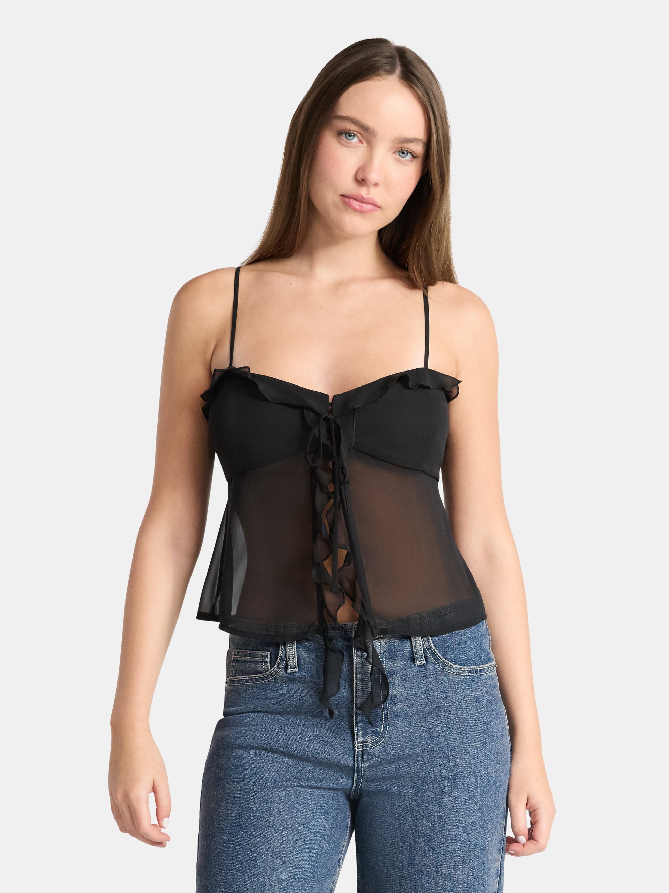 No Boundaries Chiffon Ruffle Tie Front Cami, Women's