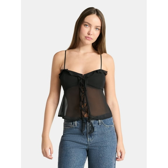 No Boundaries Chiffon Ruffle Tie Front Cami, Women's