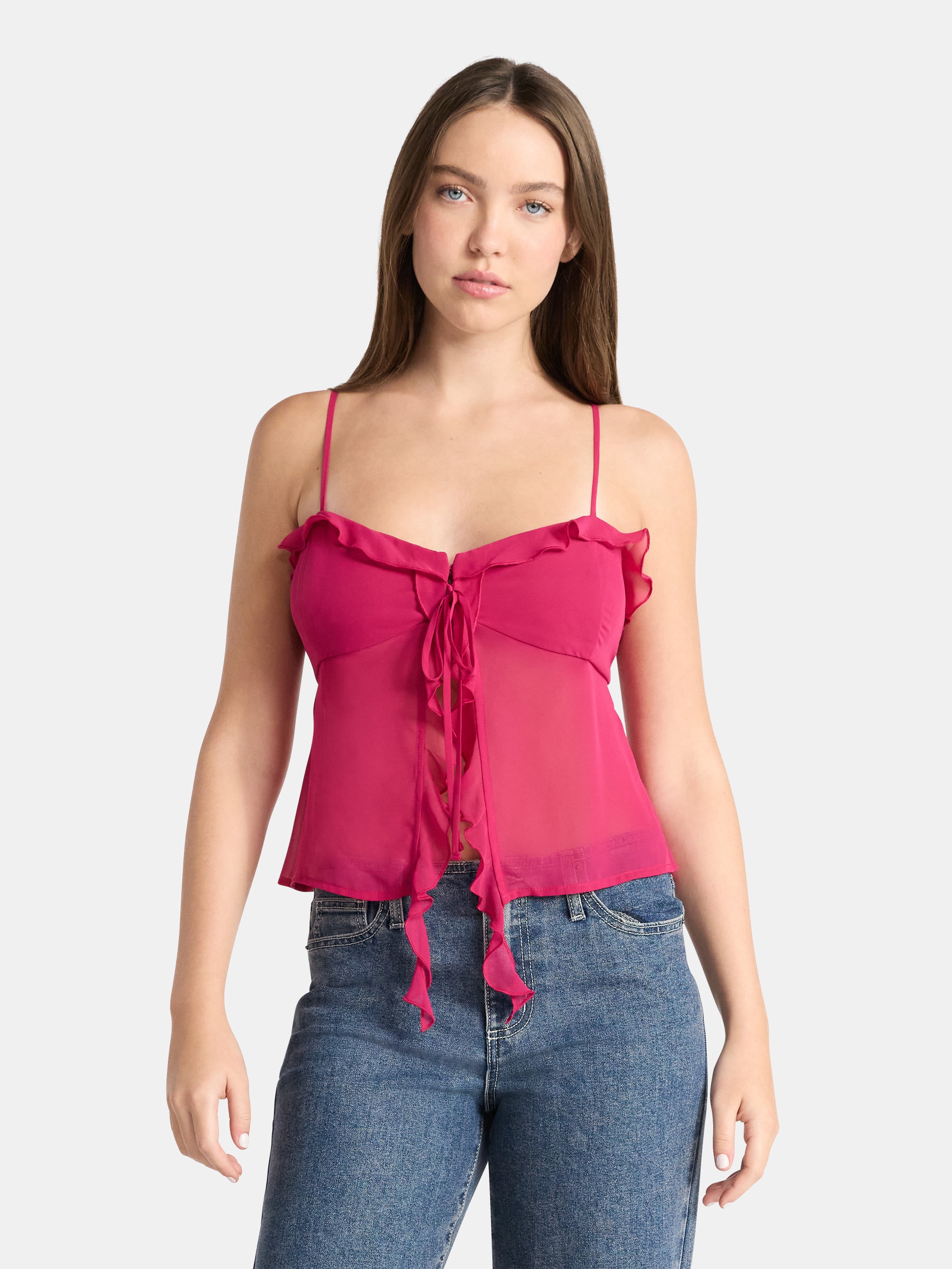 No Boundaries Chiffon Ruffle Tie Front Cami, Women's