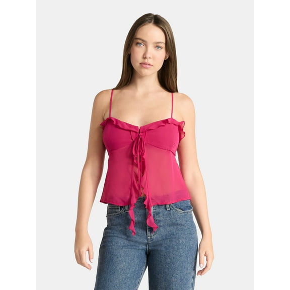No Boundaries Chiffon Ruffle Tie Front Cami, Women's