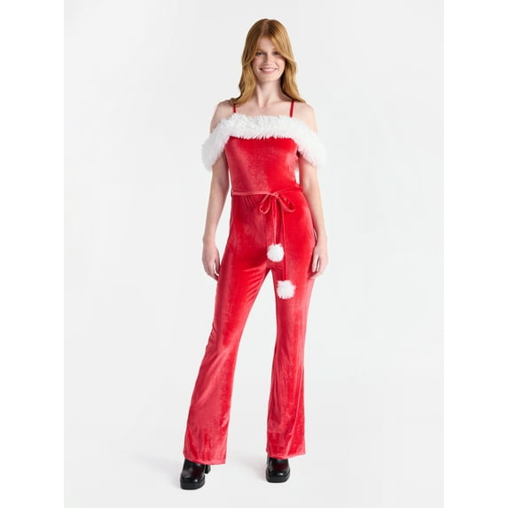 No Boundaries Christmas Santa Off-The-Shoulder Jumpsuit with Faux Fur Trim, Women's