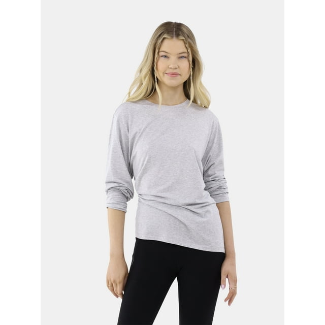 No Boundaries Cotton Blend Relaxed Tee with Long Sleeves, Women’s and Women’s Plus