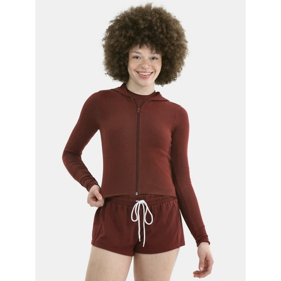 No Boundaries Women's Stretch Cotton Rib Fitted Zip Hoodie, Sizes XS-3XL