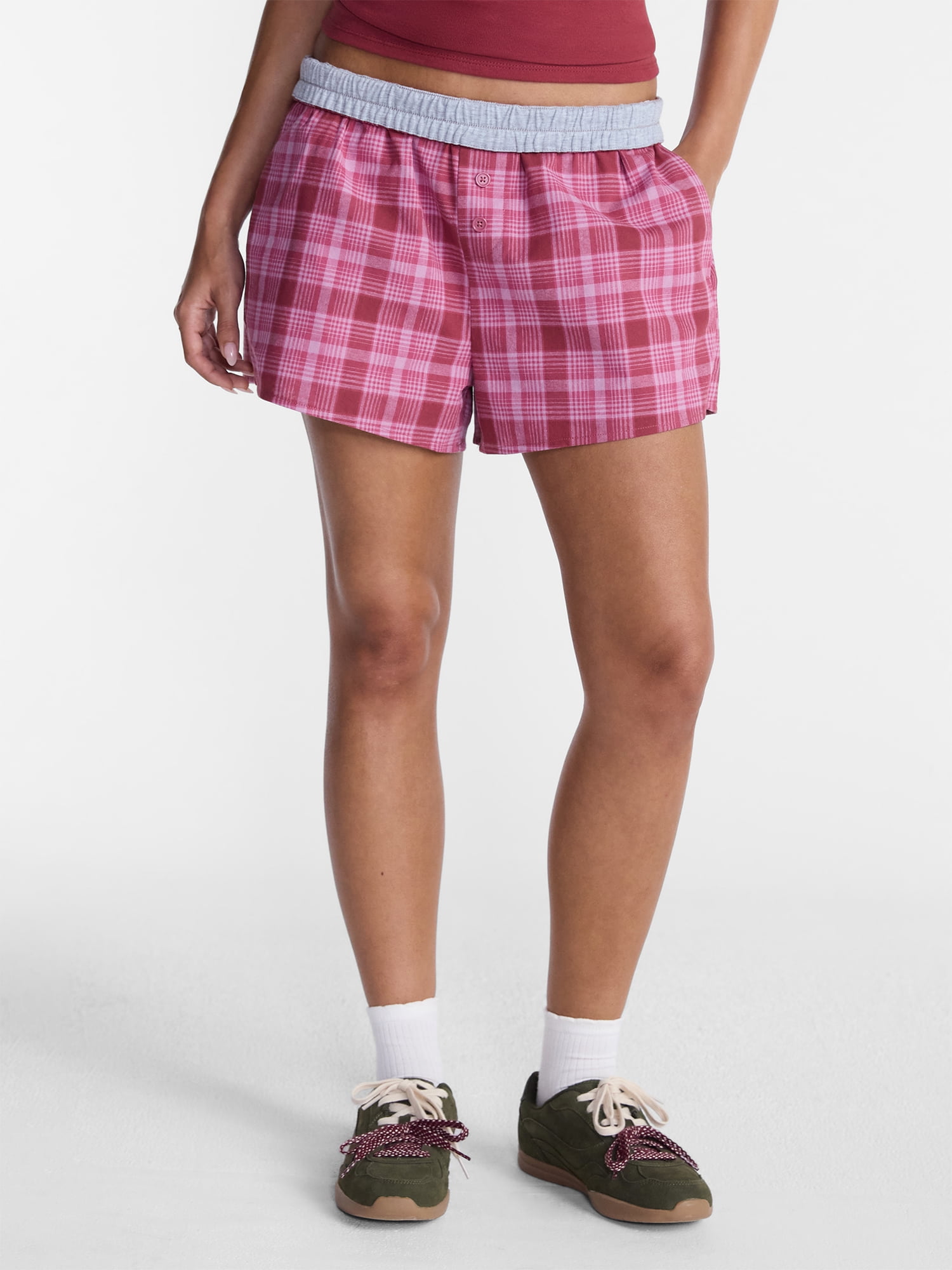 Women's and Women's Plus Size XXS-4X No Boundaries Cotton Boxer Shorts with Rollover Waist, 3.5'' Inseam