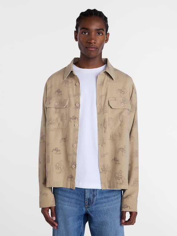 Cotton Boxy Cropped Fit Howdy Western Print Flannel Shirt with Long Sleeves, Men's XS-4XLT