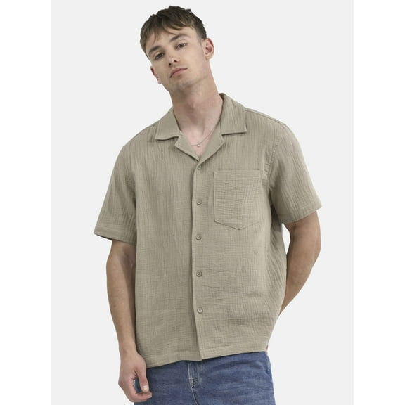 No Boundaries Men's & Big Men's Cotton Gauze Button Front Shirt, Sizes XS-5XL