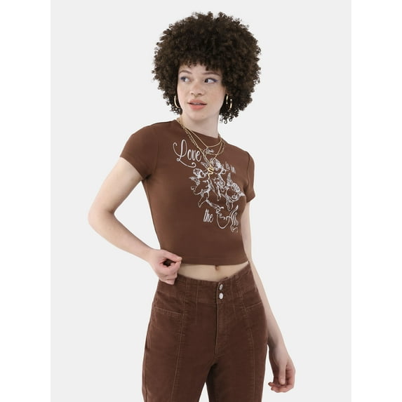 No Boundaries Cotton Graphic Baby Tee, Women’s and Women’s Plus