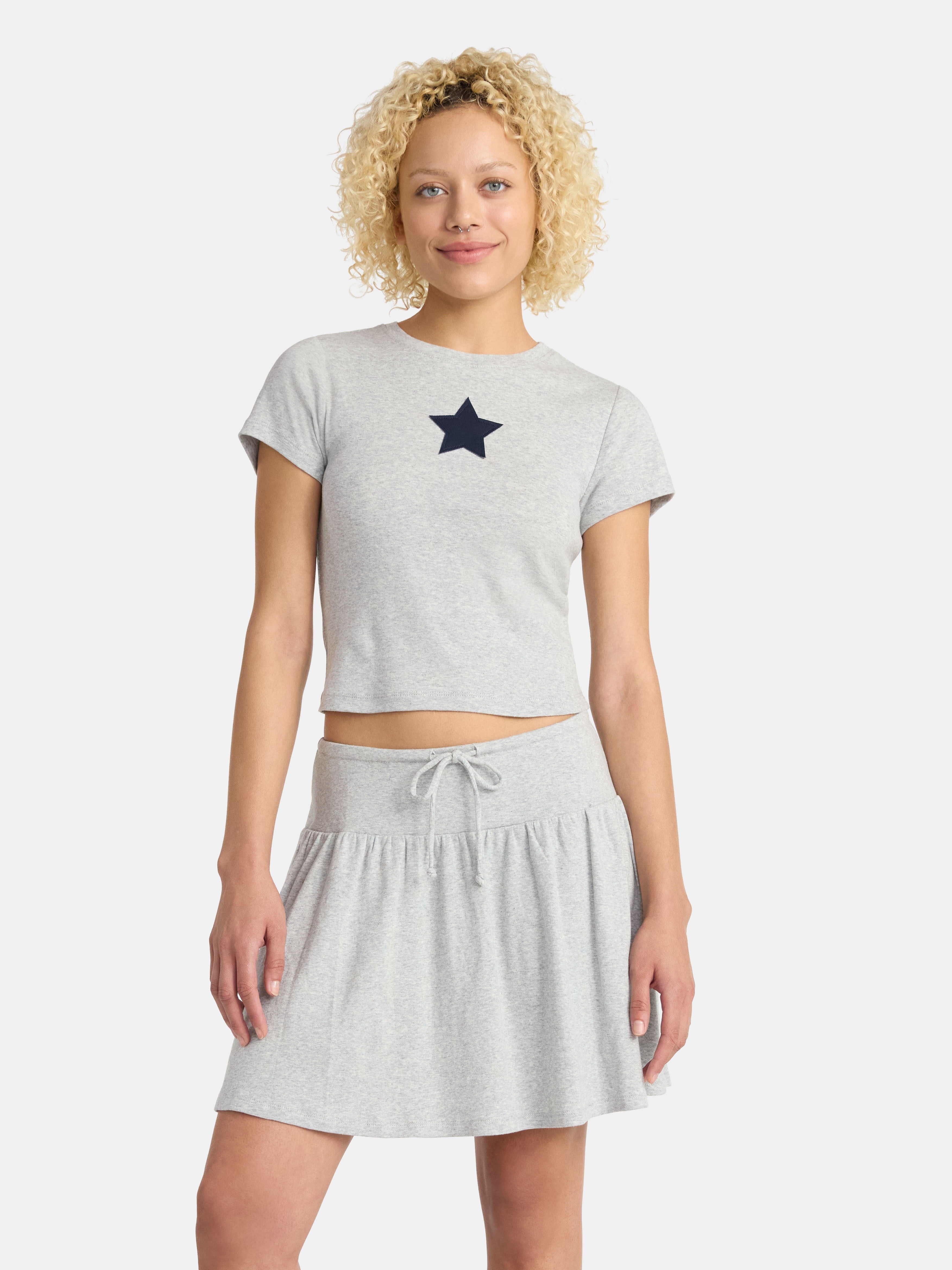 No Boundaries Cotton Knit Baby Tee and Mini Skirt Set, 2-Piece, Women's