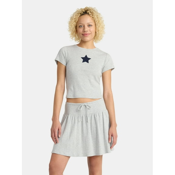 No Boundaries Cotton Knit Baby Tee and Mini Skirt Set, 2-Piece, Women's