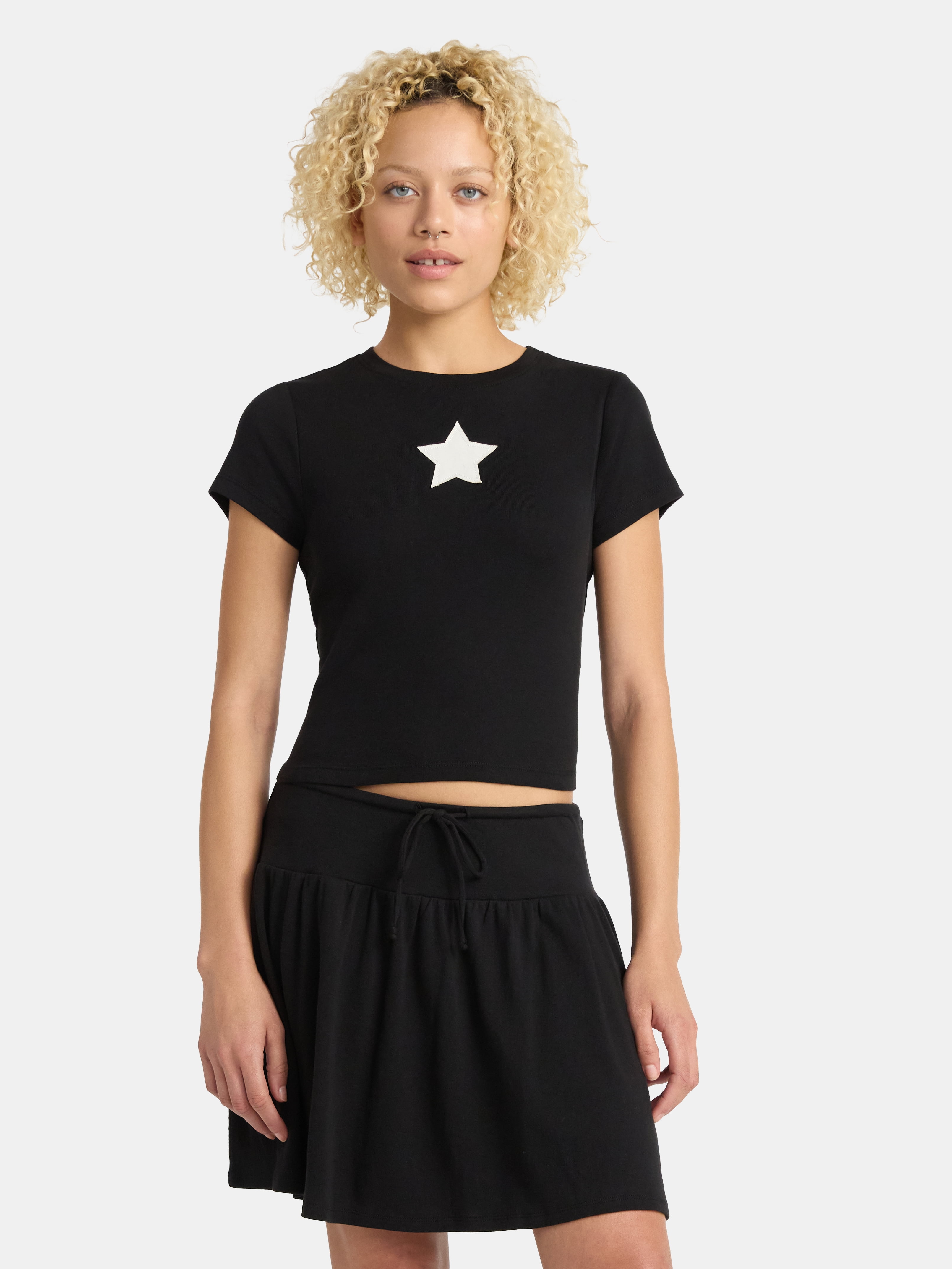 No Boundaries Cotton Knit Baby Tee and Mini Skirt Set, 2-Piece, Women's