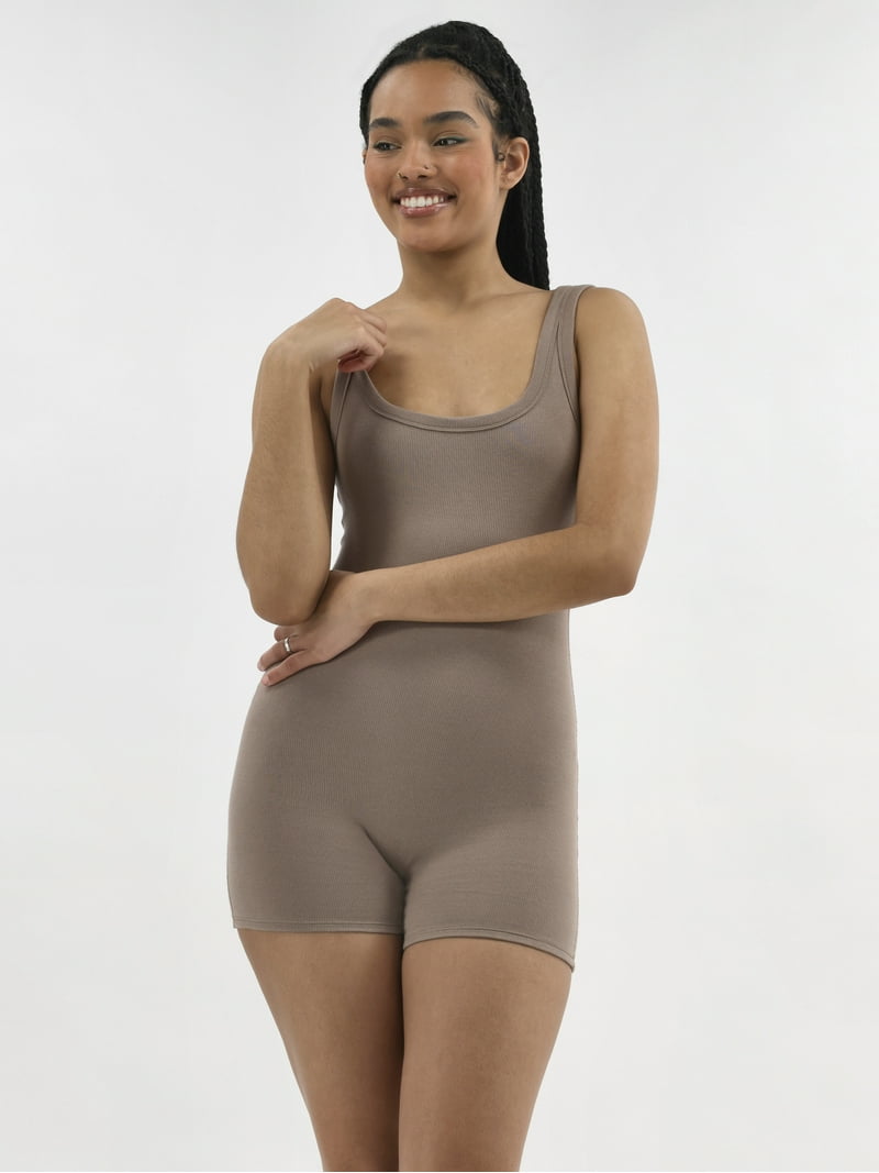 No Boundaries Cotton Ribbed Cozy Romper for Women, Sleeveless, Mid