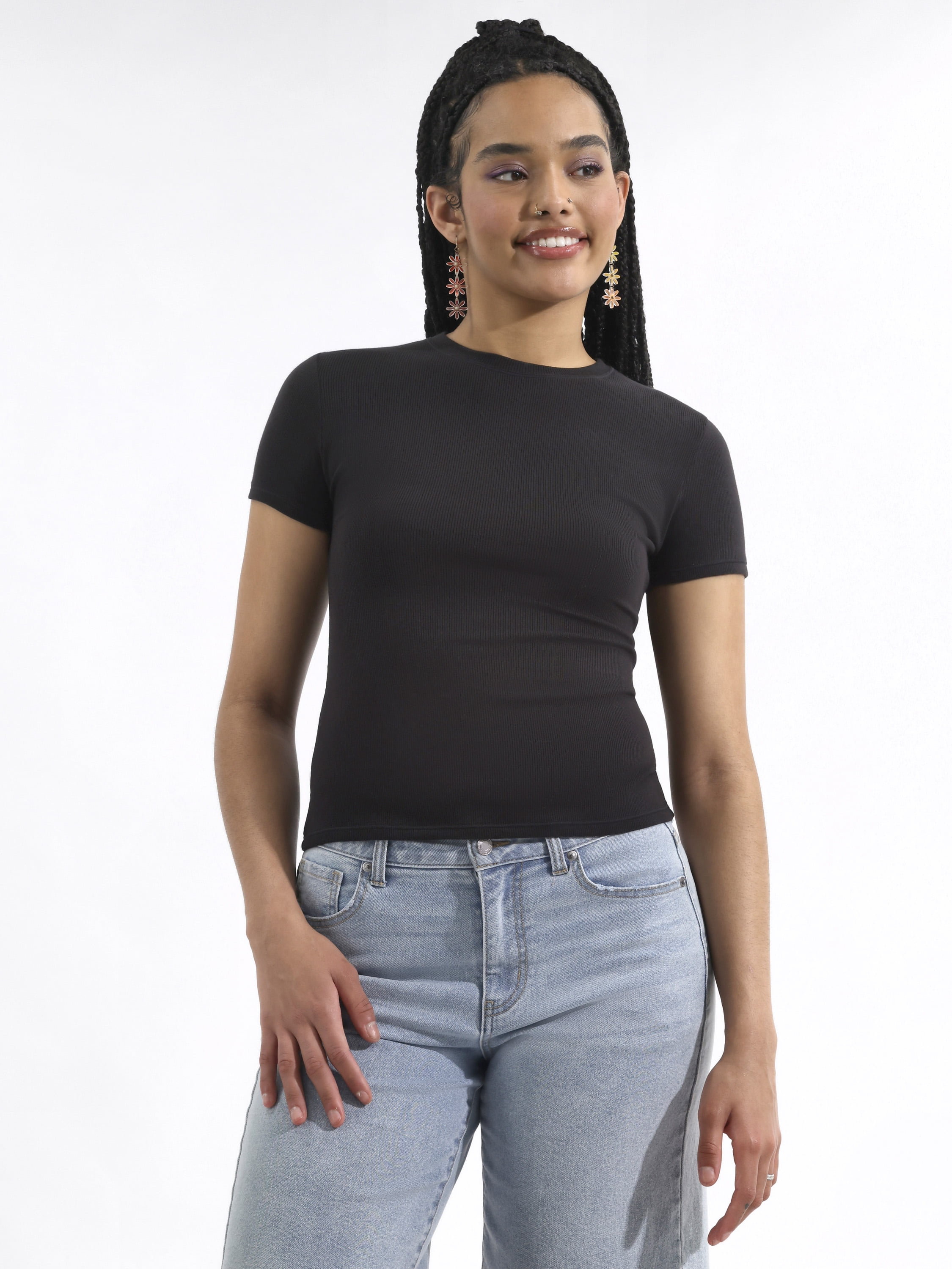 No Boundaries Cotton Stretch Ribbed Tee with Short Sleeves, Women's XS-3XL