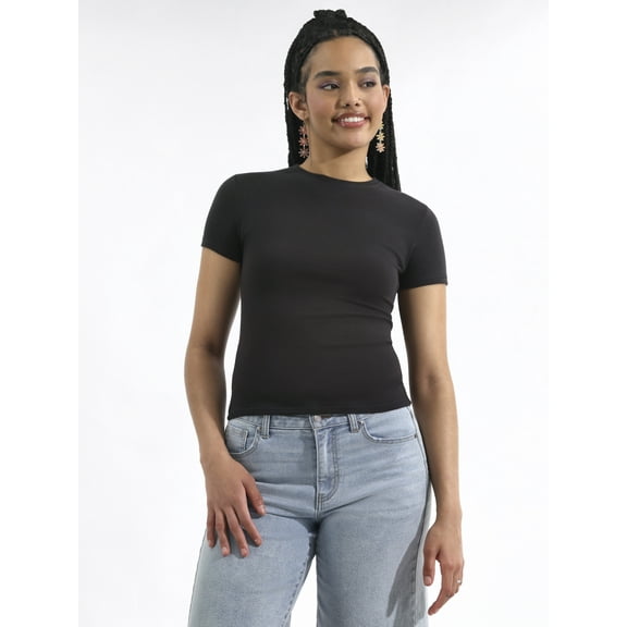 No Boundaries Cotton Stretch Ribbed Tee with Short Sleeves, Women's XS-3XL