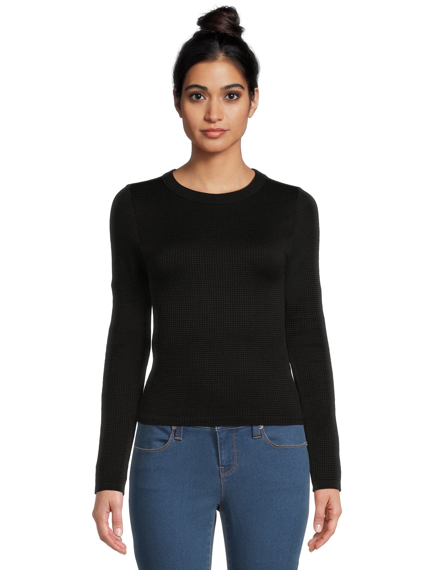 No Boundaries Crew Neck Long Sleeve Waffle T-Shirt (Women's or Women's Plus)