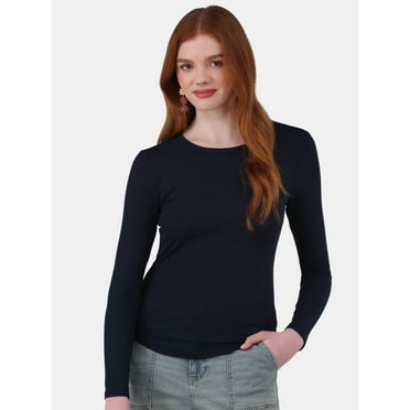 No Boundaries Crewneck Ribbed Tee with Long-Sleeves, Women's and Women’s Plus