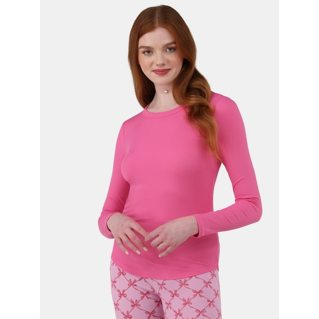 No Boundaries Crewneck Ribbed Tee with Long-Sleeves, Women's and Women’s Plus