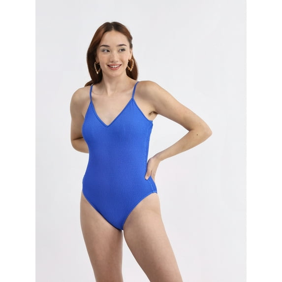No Boundaries Women's Crinkle High Leg One Piece Swimsuit, Sizes XXS-XXL