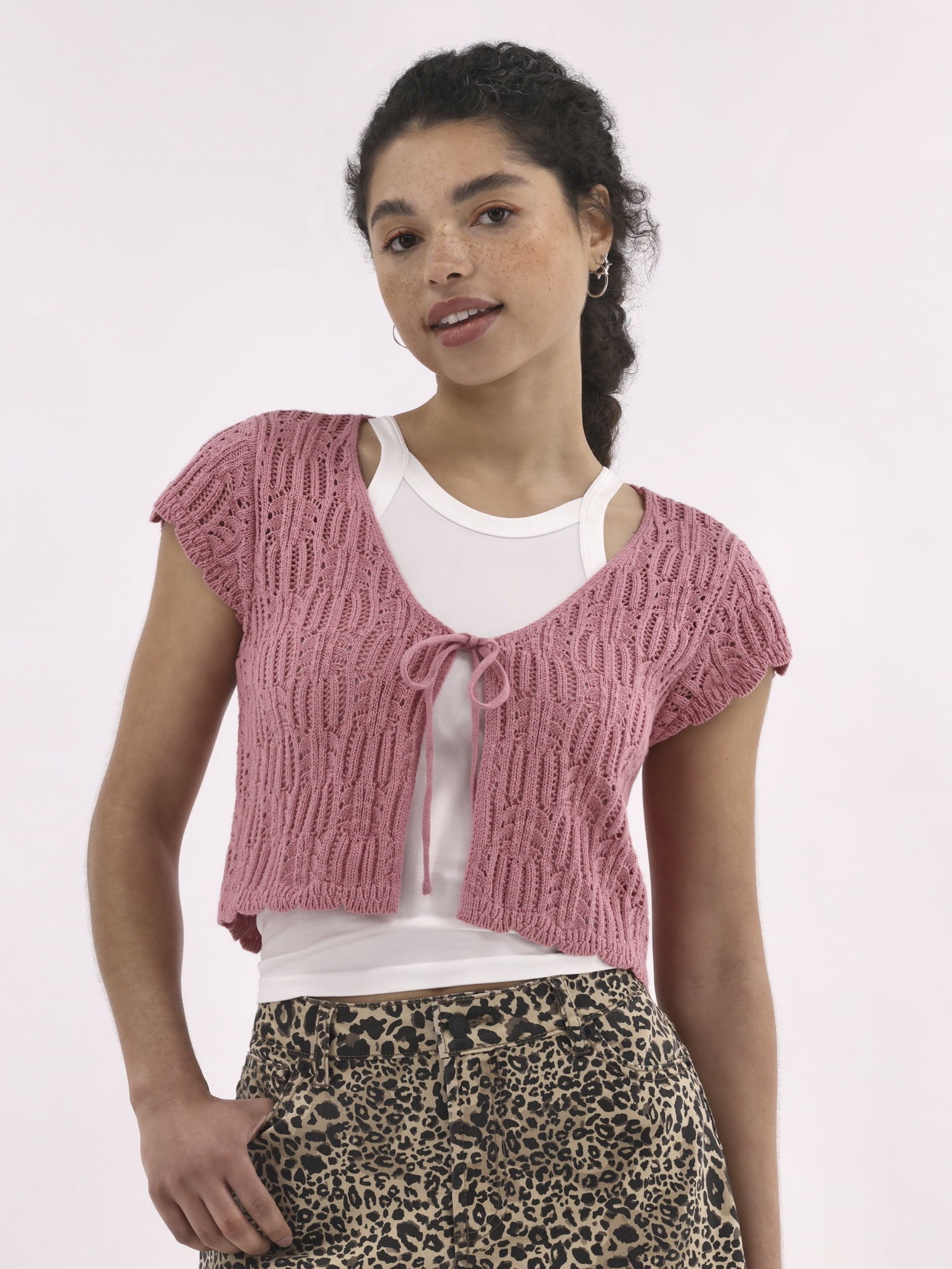 No Boundaries Crochet Cardigan Sweater with Short Sleeves, Lightweight, Women's