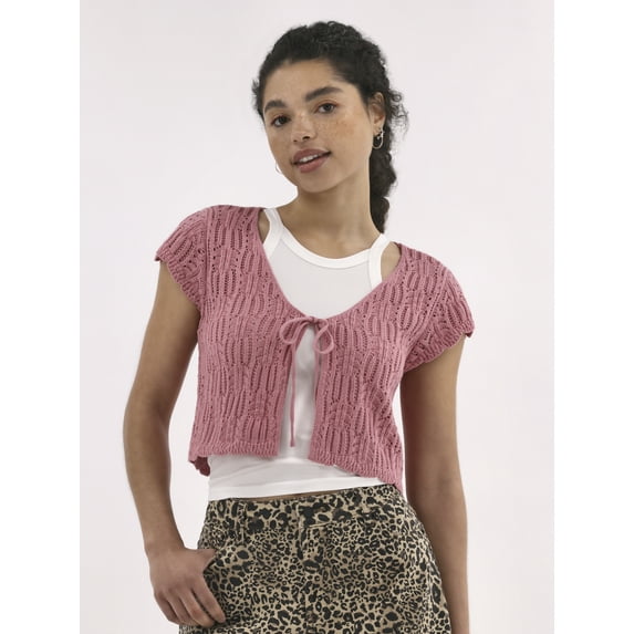 No Boundaries Crochet Cardigan Sweater with Short Sleeves, Lightweight, Women's