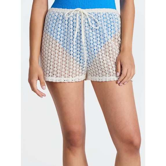 No Boundaries Women's Crochet Drawstring Shorts Swim Coverup, Fresh Ivory