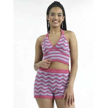 No Boundaries Crochet Halter Top and Shorts Set, 2-Piece, Women's