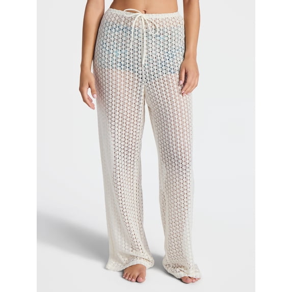 No Boundaries Women's Crochet Wide-Leg Swim Cover-Up Pants, Fresh Ivory, L