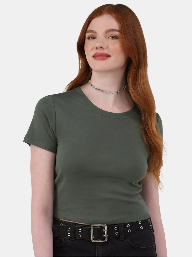 No Boundaries Women's Cropped Ribbed Scoop Neck T-Shirt, Cotton