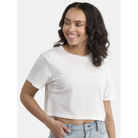 No Boundaries Cropped Boxy Cotton Tee with Short Sleeves, Women's