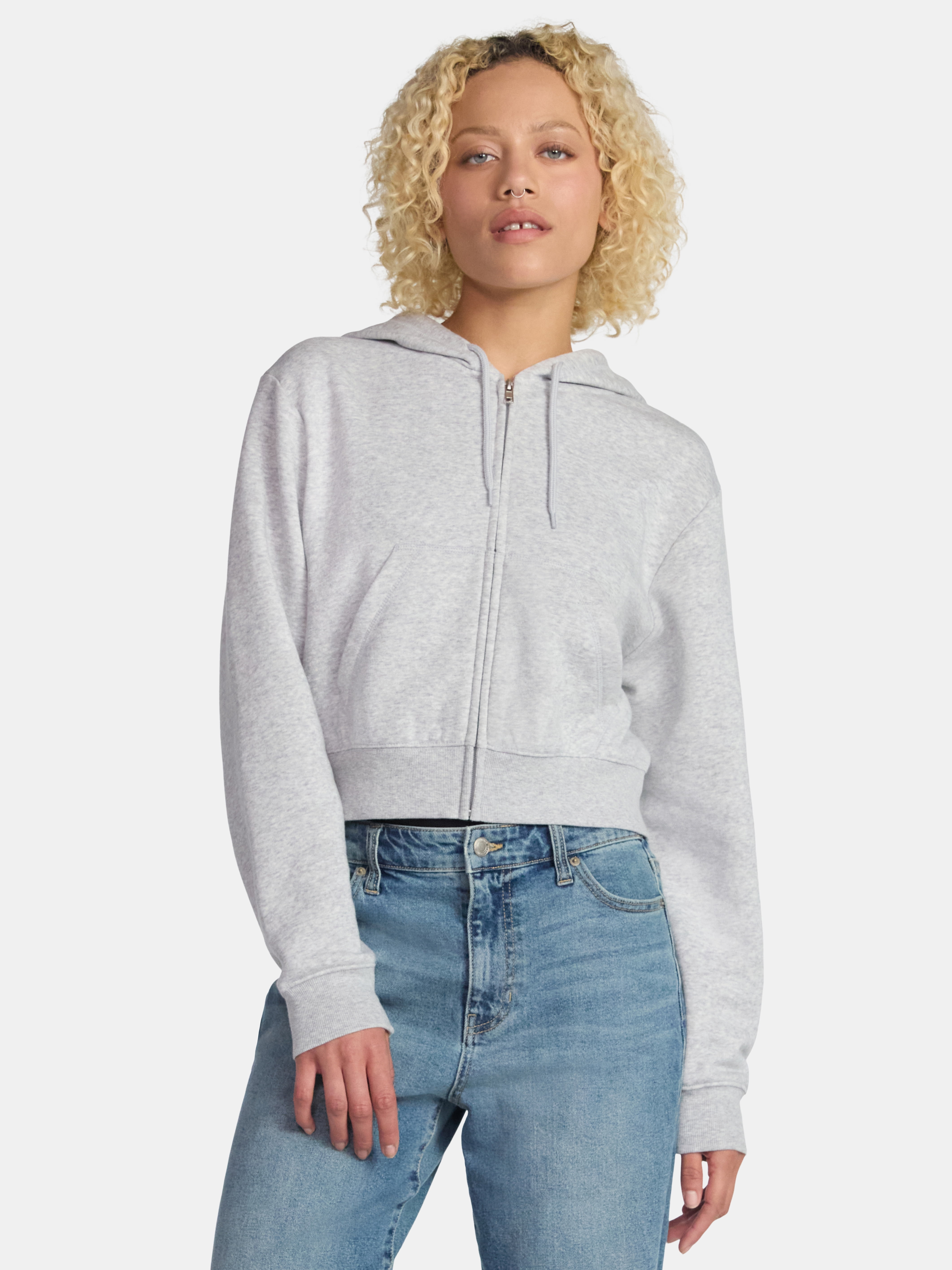 No Boundaries Cropped Fleece Zip Hoodie, Women’s