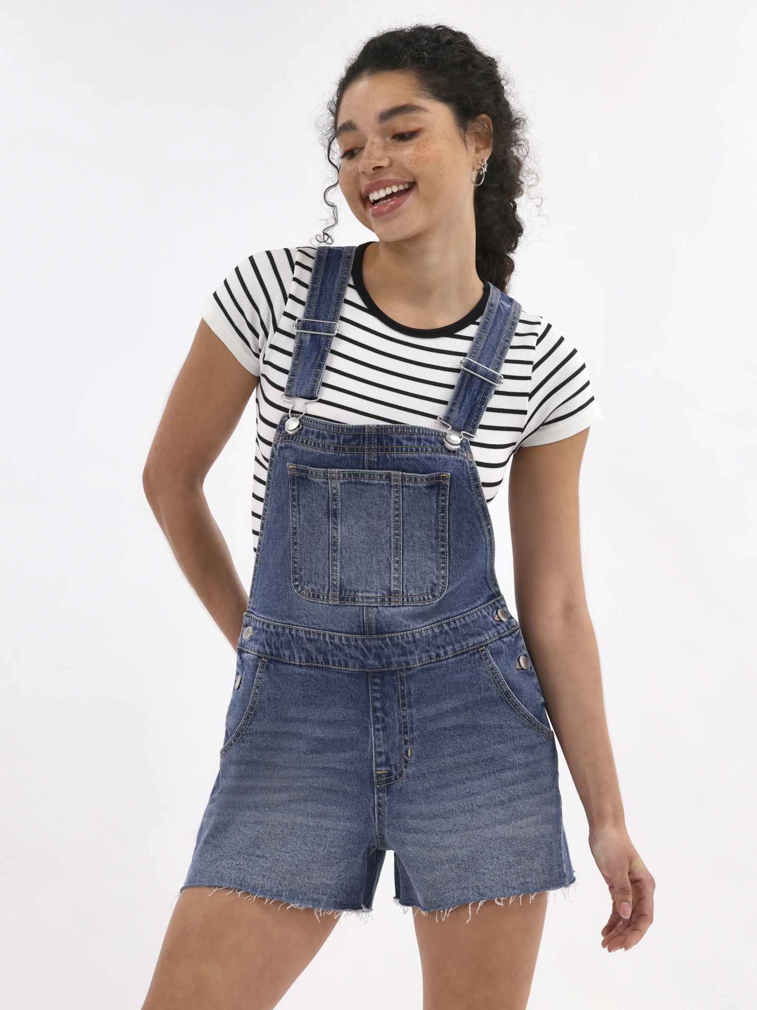 No Boundaries Women's Denim Shortalls 3 Inch Inseam Raw Hem