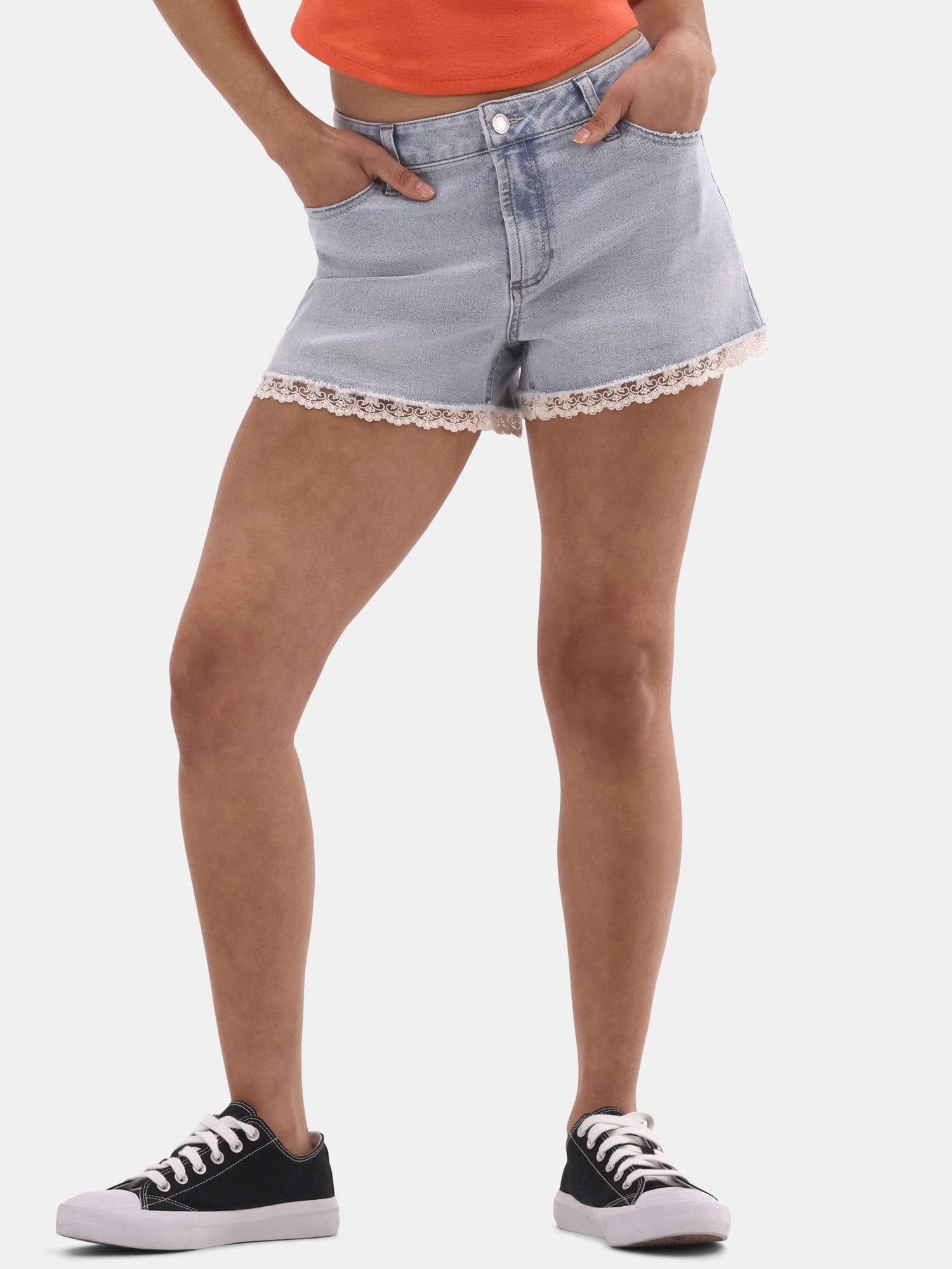 No Boundaries Women's Denim Shorts with Crochet Lace Trim High
