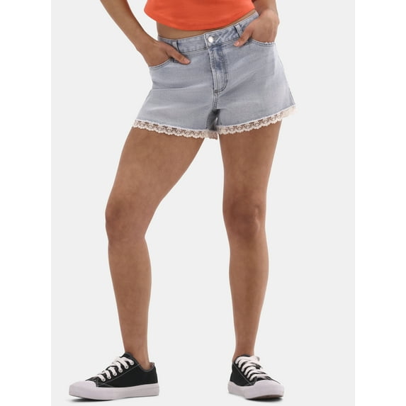 No Boundaries Denim Shorts with Crochet Lace Trim, 3'' Inseam, Women's and Women's Plus