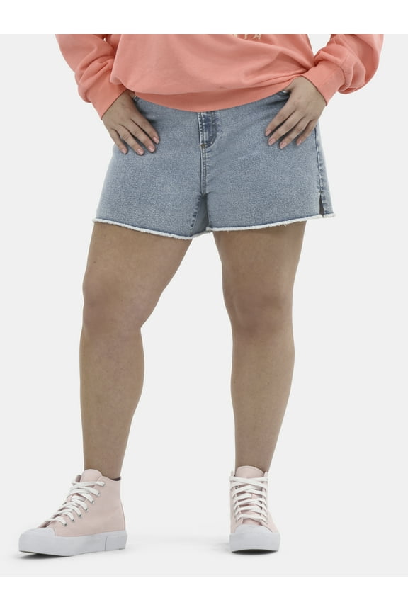 Denim Shorts with Frayed Hem, Women's Plus