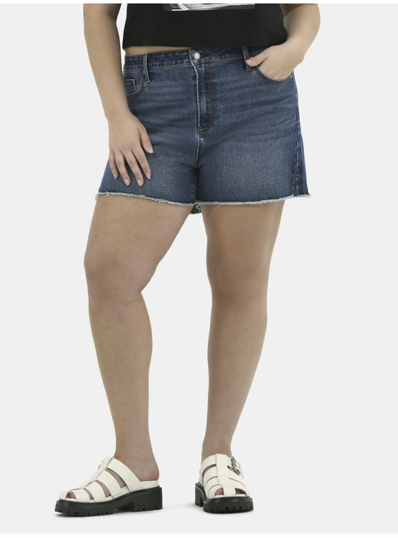 Denim Shorts with Frayed Hem, Women's Plus