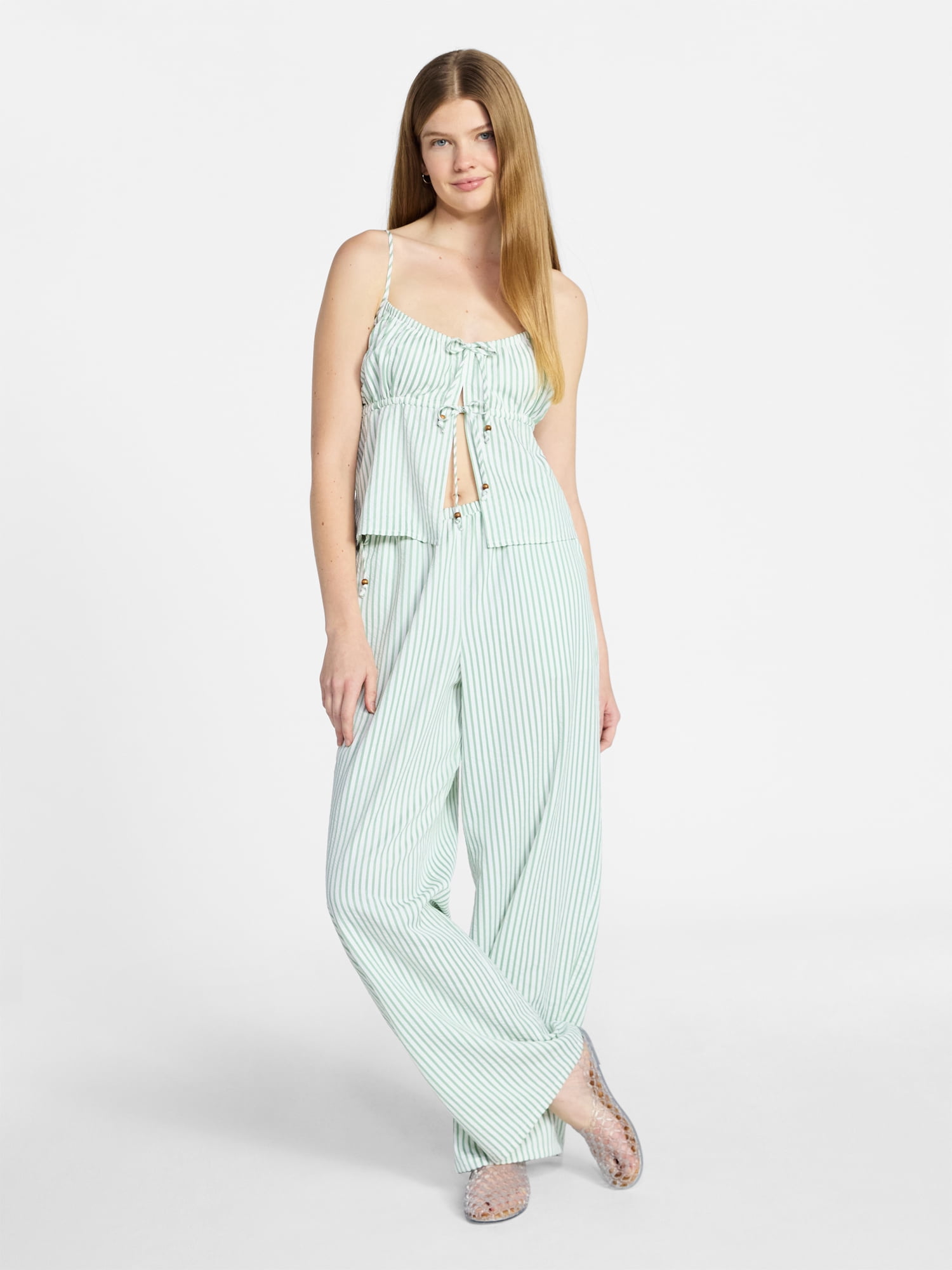No Boundaries Seersucker Double Tie Cami Top and Pants Set, 2-Piece, Women's XXS-XXL
