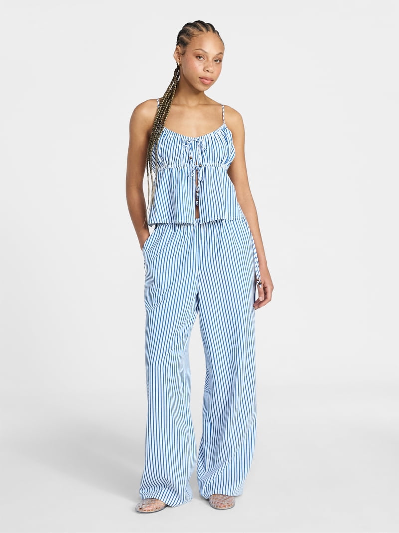 No Boundaries Seersucker Double Tie Cami Top and Pants Set, 2
