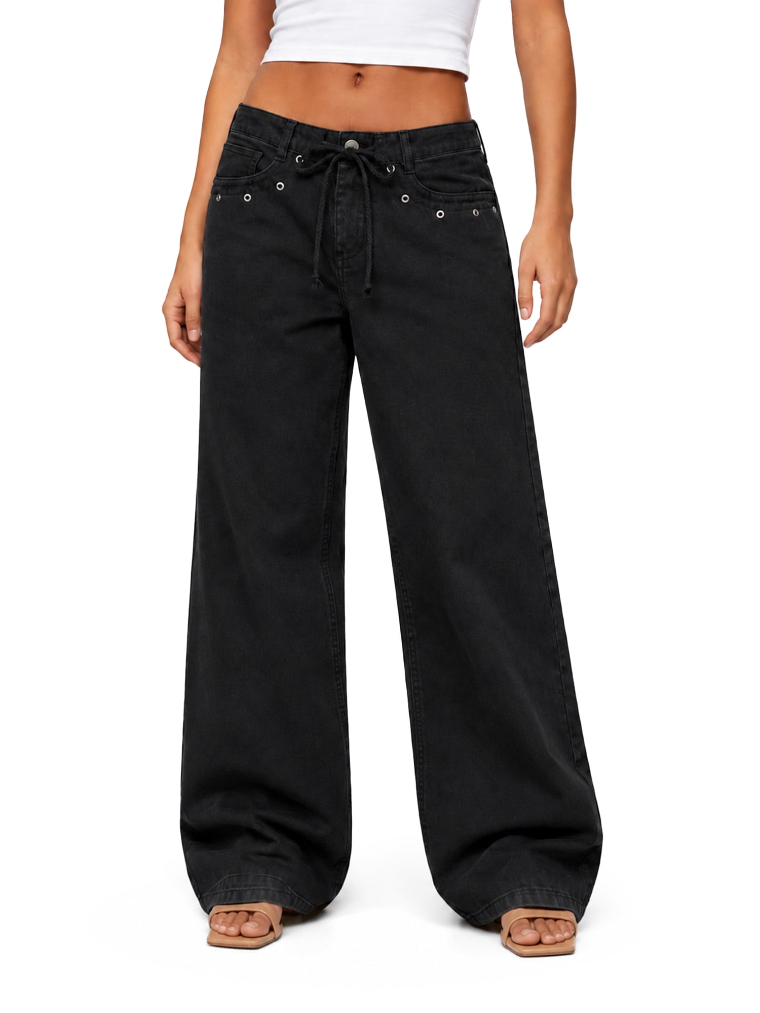 No Boundaries Drawstring Grommet Wide Leg Jean, 32" Inseam, Women's