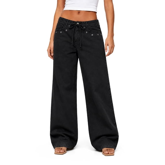 No Boundaries Drawstring Grommet Wide Leg Jean, 32" Inseam, Women's