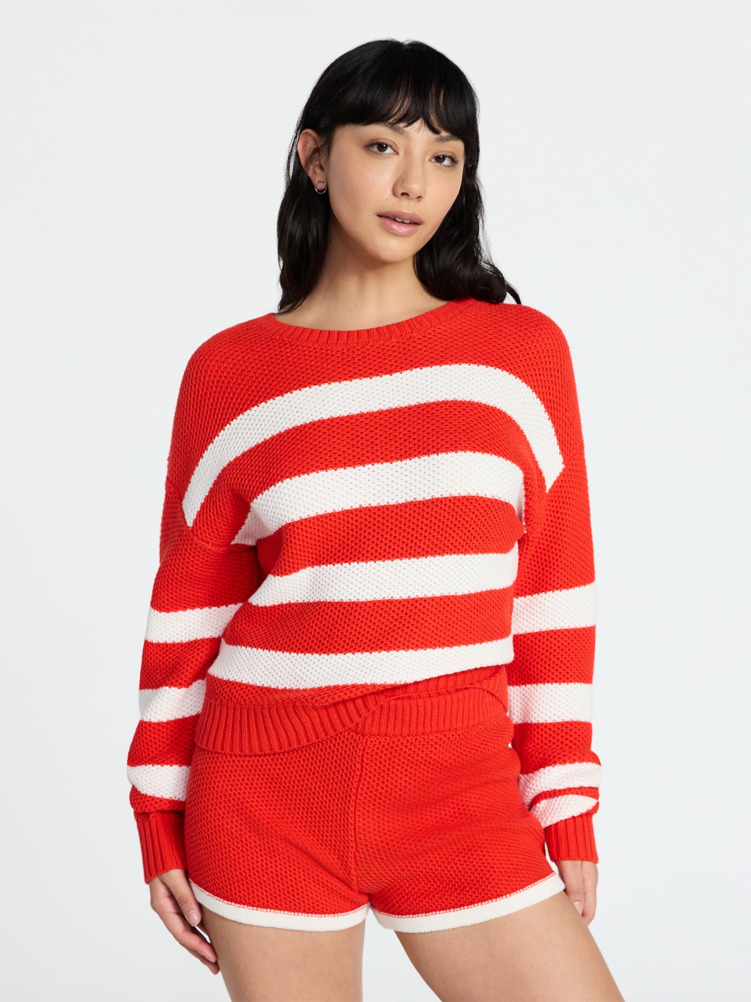 No Boundaries Drop Shoulder Crewneck Pullover Top and Shorts Set, 2-Piece, Women's XXS-XXL