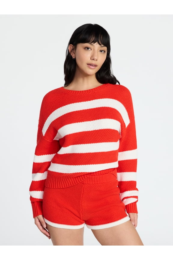 Drop Shoulder Crewneck Pullover Top and Shorts Set, 2-Piece, Women's XXS-XXL