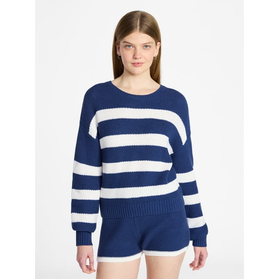 No Boundaries Drop Shoulder Crewneck Pullover Top and Shorts Set, 2-Piece, Women's XXS-XXL