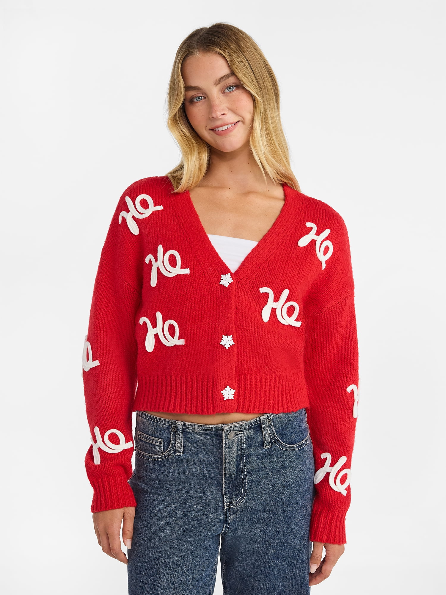 No Boundaries Embroidered Christmas Cardigan, Women's & Women's Plus