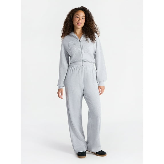 No Boundaries Embroidered Fleece Zip-Up Hoodie and Pants Set, 2-Piece, Women's XXS-4X