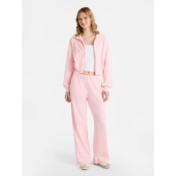No Boundaries Embroidered Fleece Zip-Up Hoodie and Pants Set, 2-Piece, Women's XXS-4X
