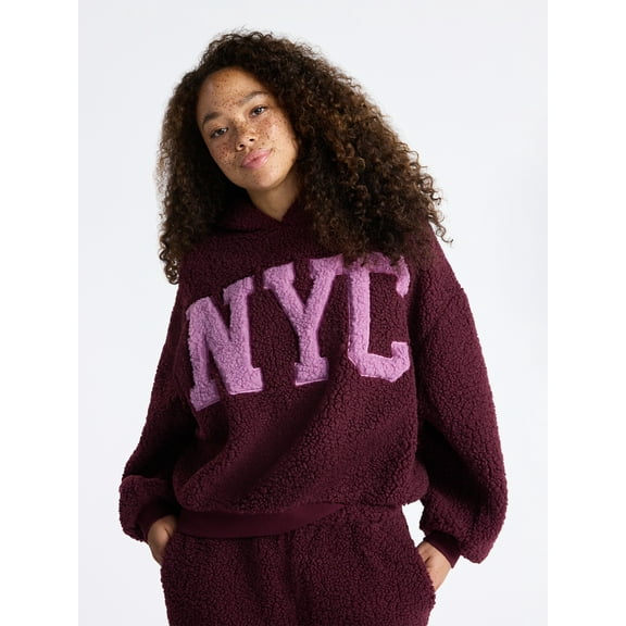 No Boundaries Embroidered Plush Pullover Hoodie, Women's